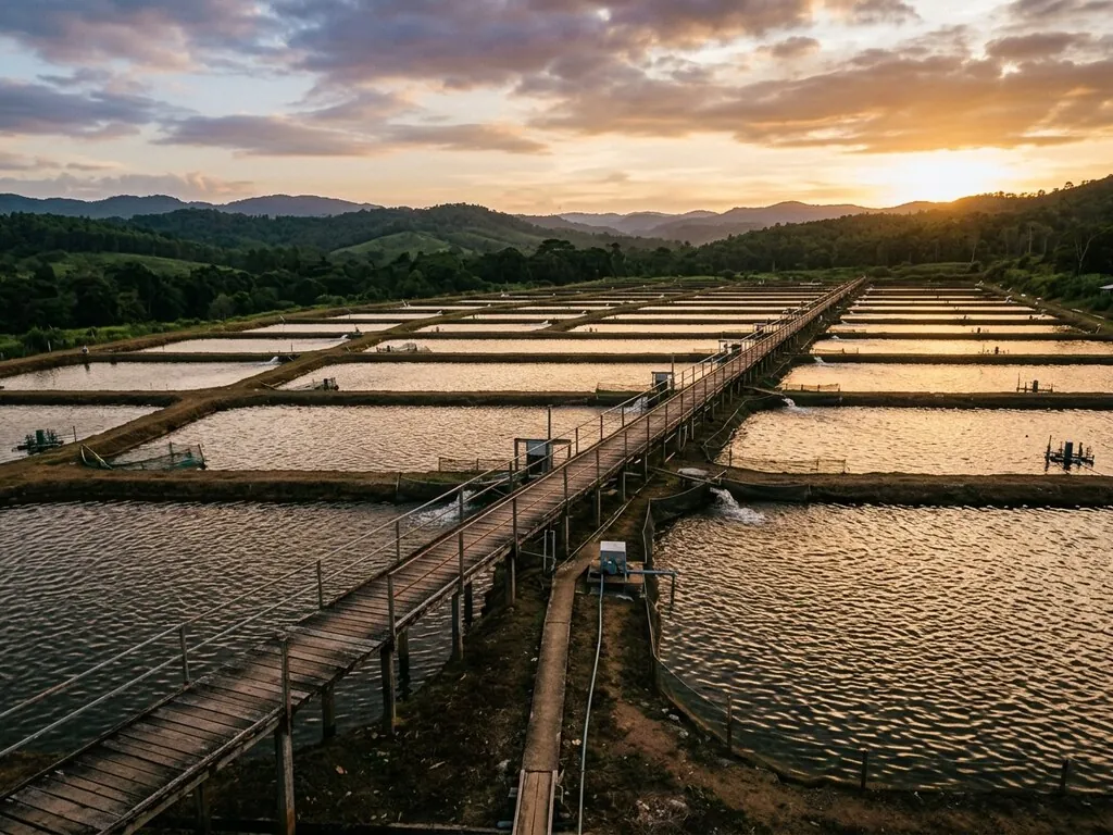 Aquaculture production facility with tanks, feed bins, and species-specific diets