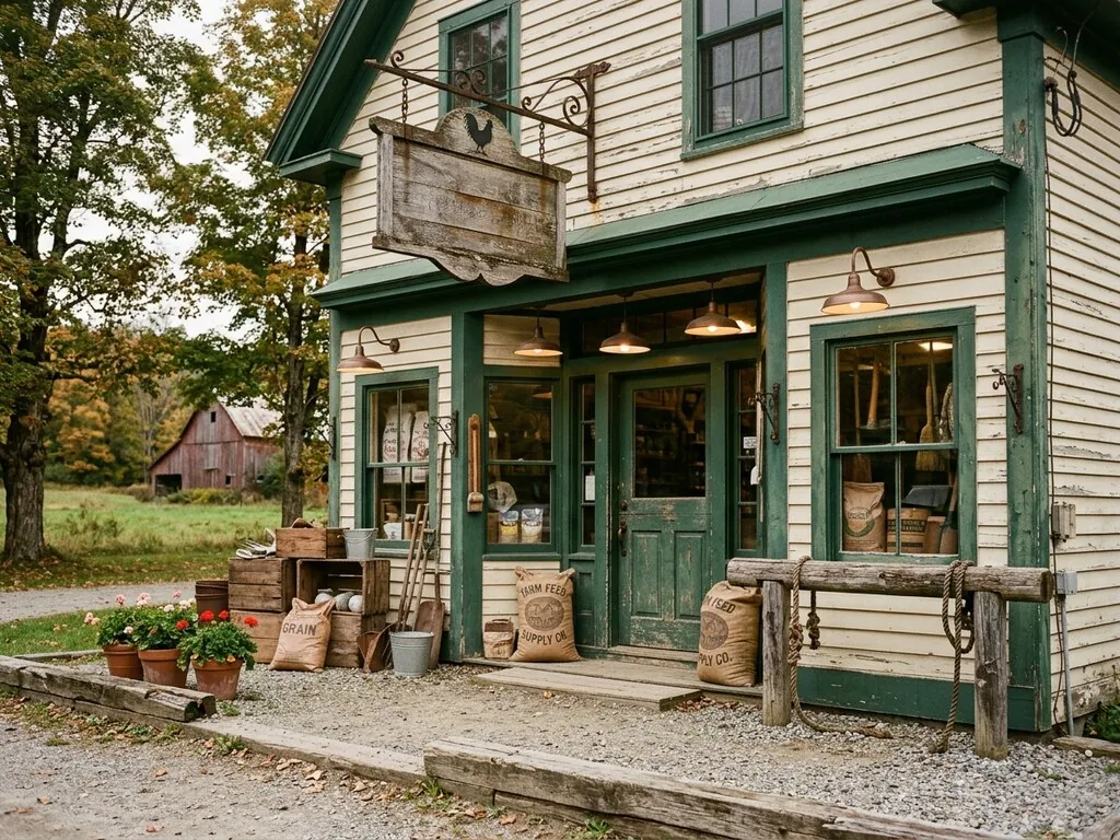 A farm and feed retail store with shelves of branded feed bags and supplies