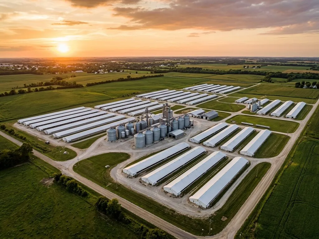 Large integrated poultry and swine operation with feed mill, barns, and transport trucks