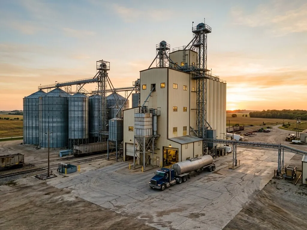 A commercial feed mill with silos, pelleting equipment, and loading dock