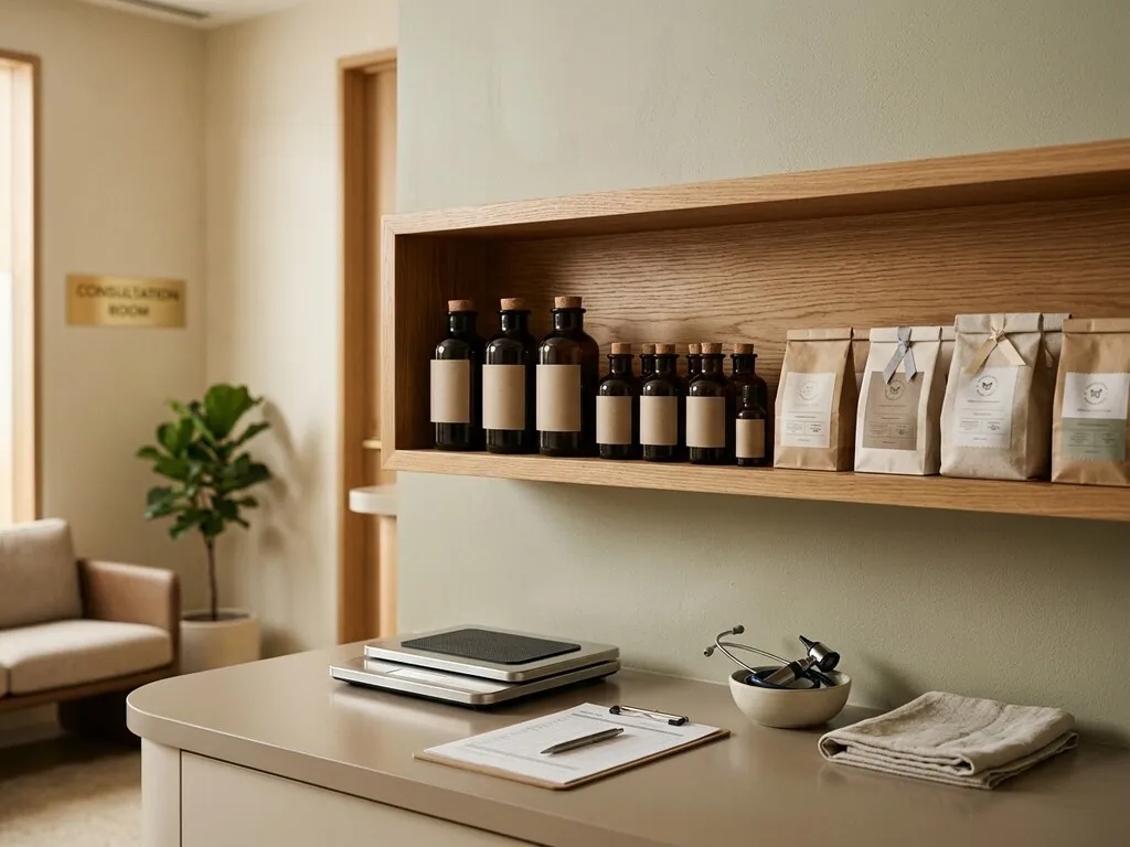 A veterinary clinic with specialty feeds and therapeutic products on shelves