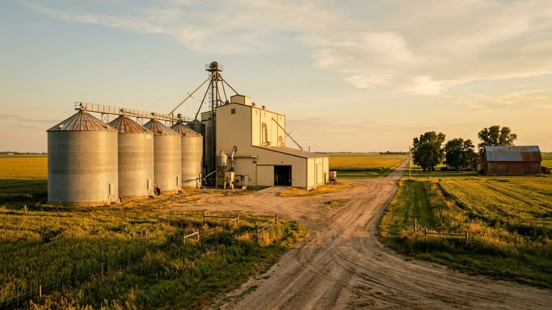 A grain elevator silhouetted against a working feed mill with bulk ingredient bins and delivery trucks in the yard