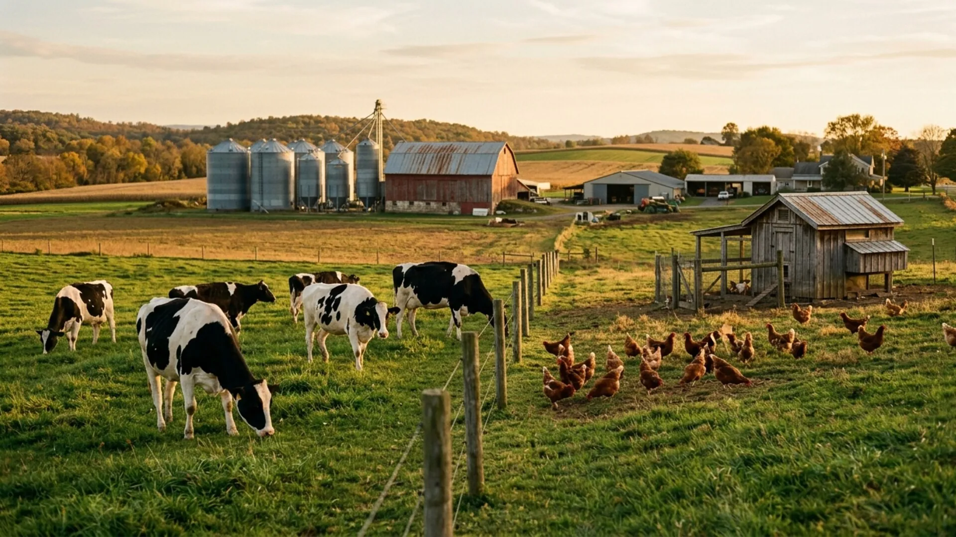 A grid of feed bags and bulk bins representing different livestock species and feed types