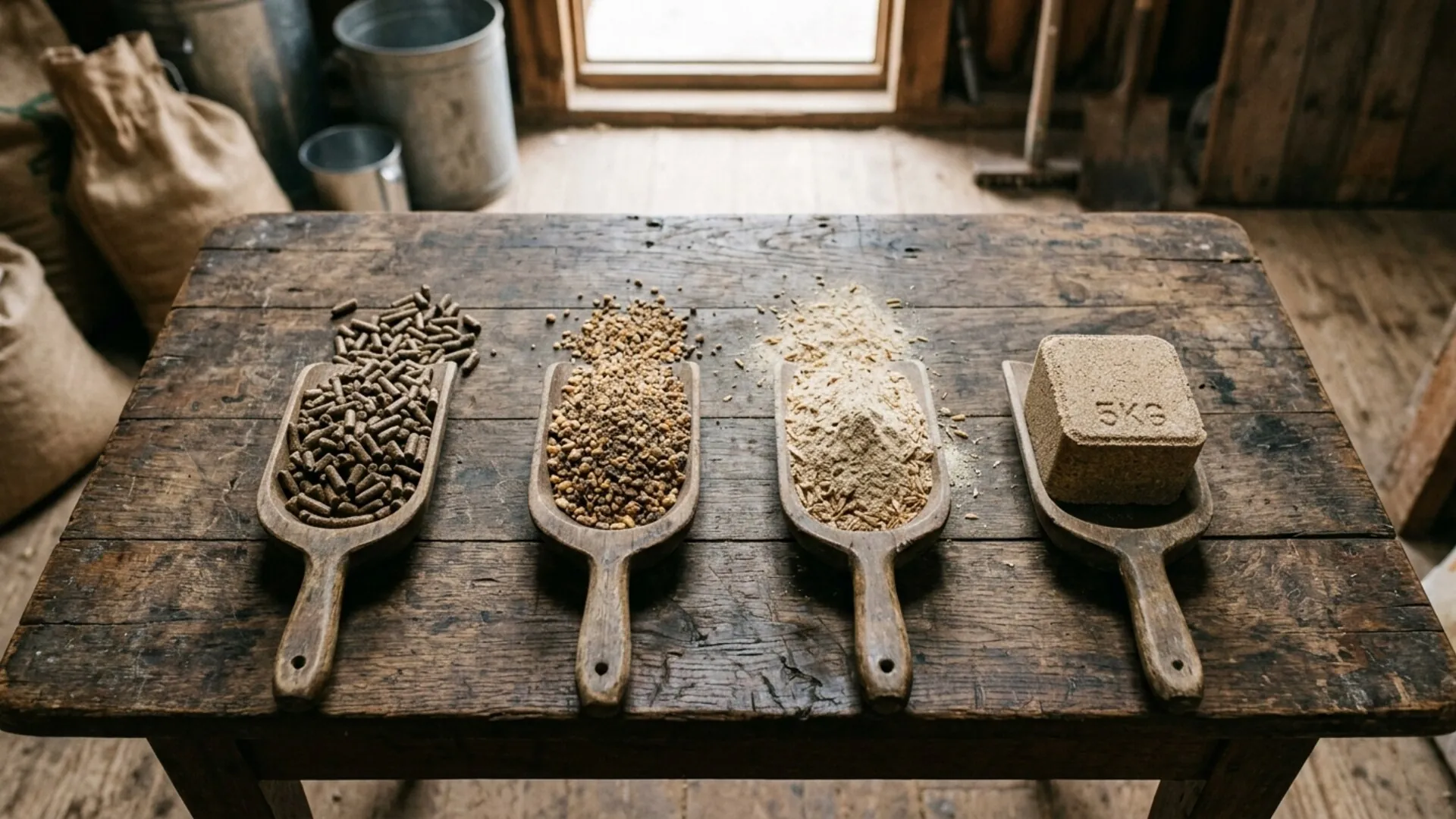 Feed pellets, crumbles, mash, and mineral blocks on display in a mill laboratory