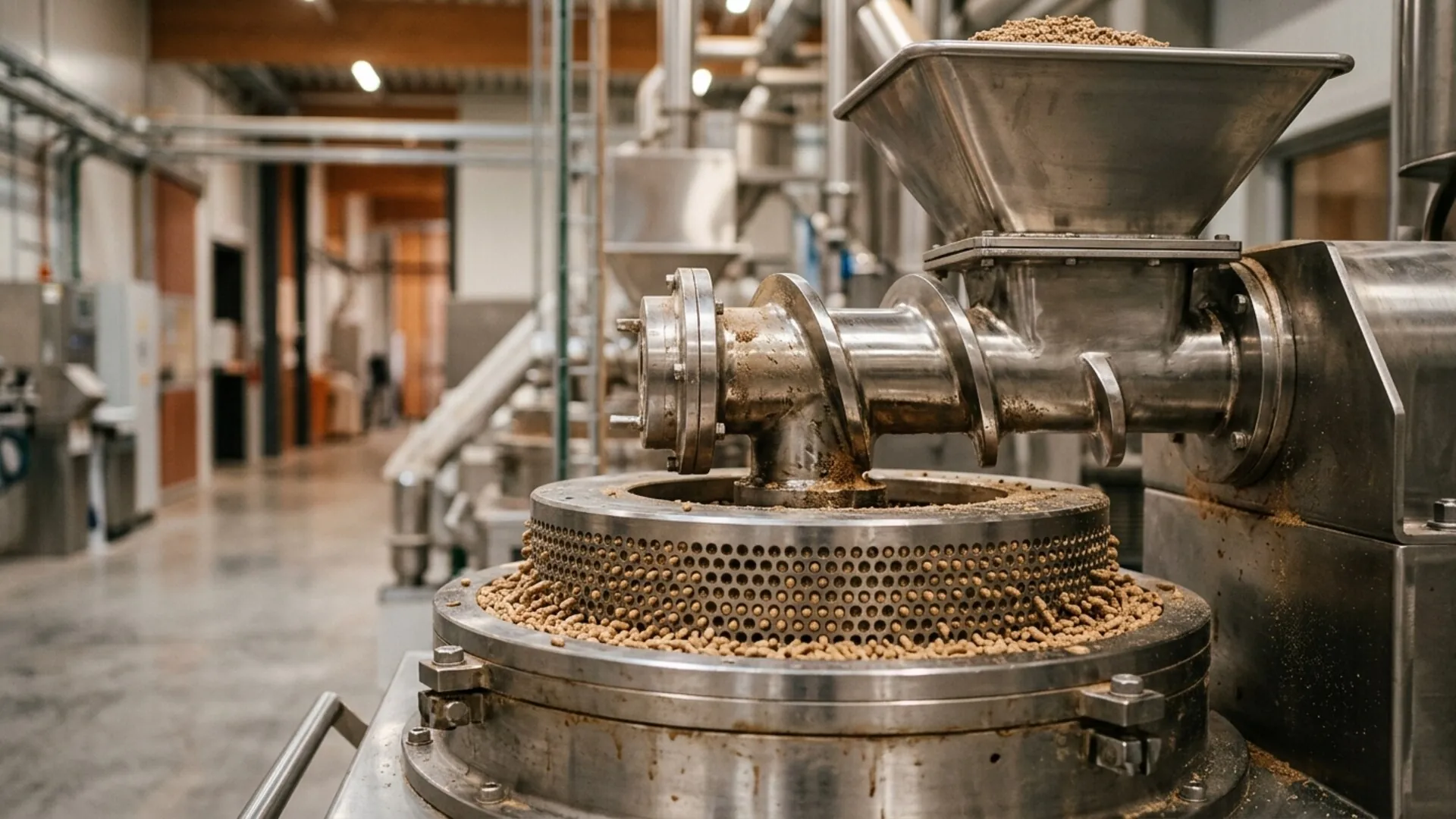 A composite view of packaging machinery, lab testing equipment, and logistics operations serving the feed industry
