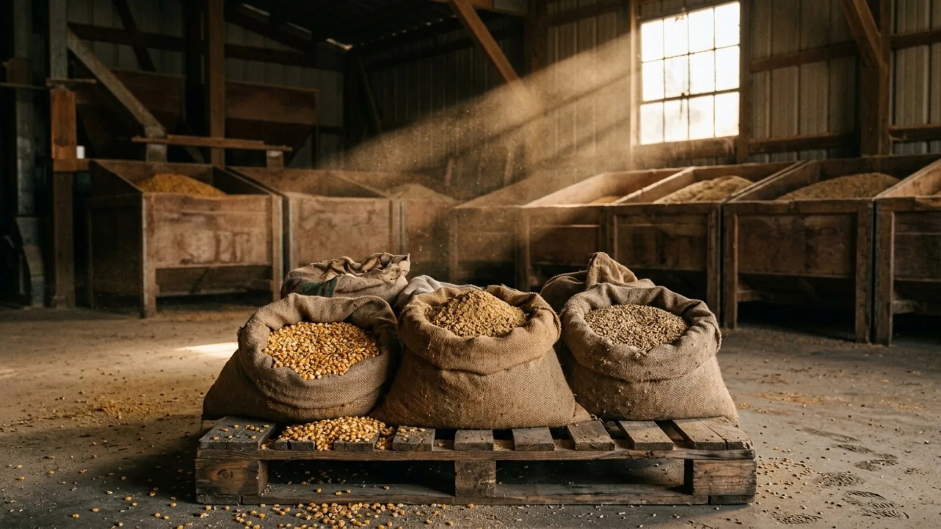 Bulk bins of corn, soybean meal, minerals, and supplement ingredients in a feed mill