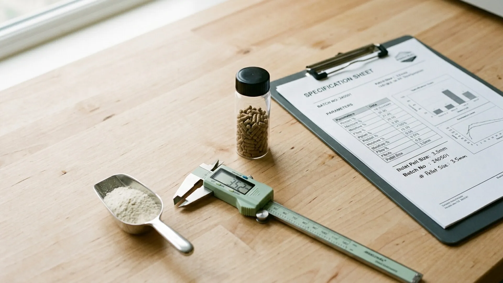 Feed bag labels, compliance documentation, and lab testing reports organized on a desk