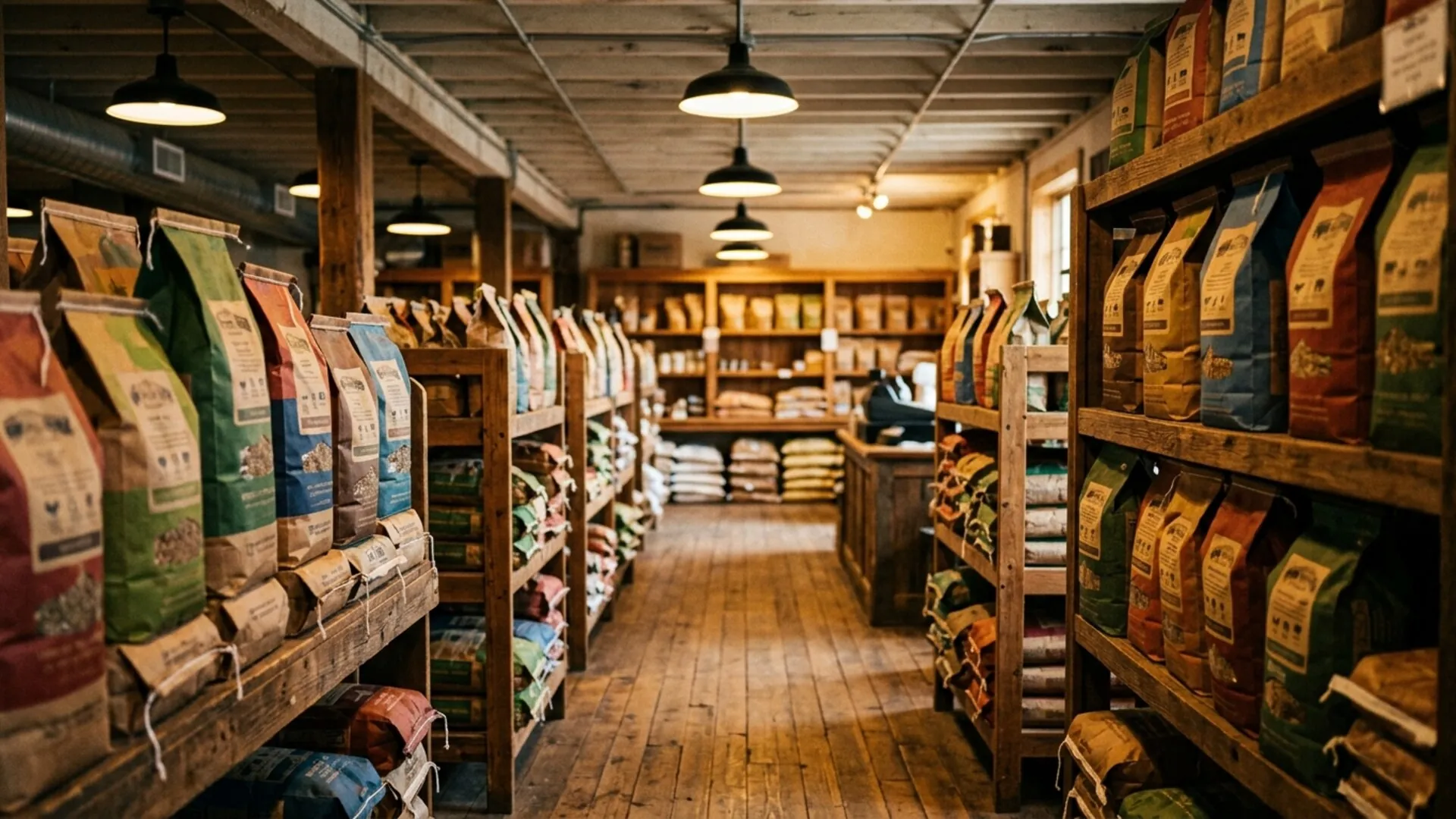 Aisle of a farm and feed store with branded feed bags neatly stacked and merchandised